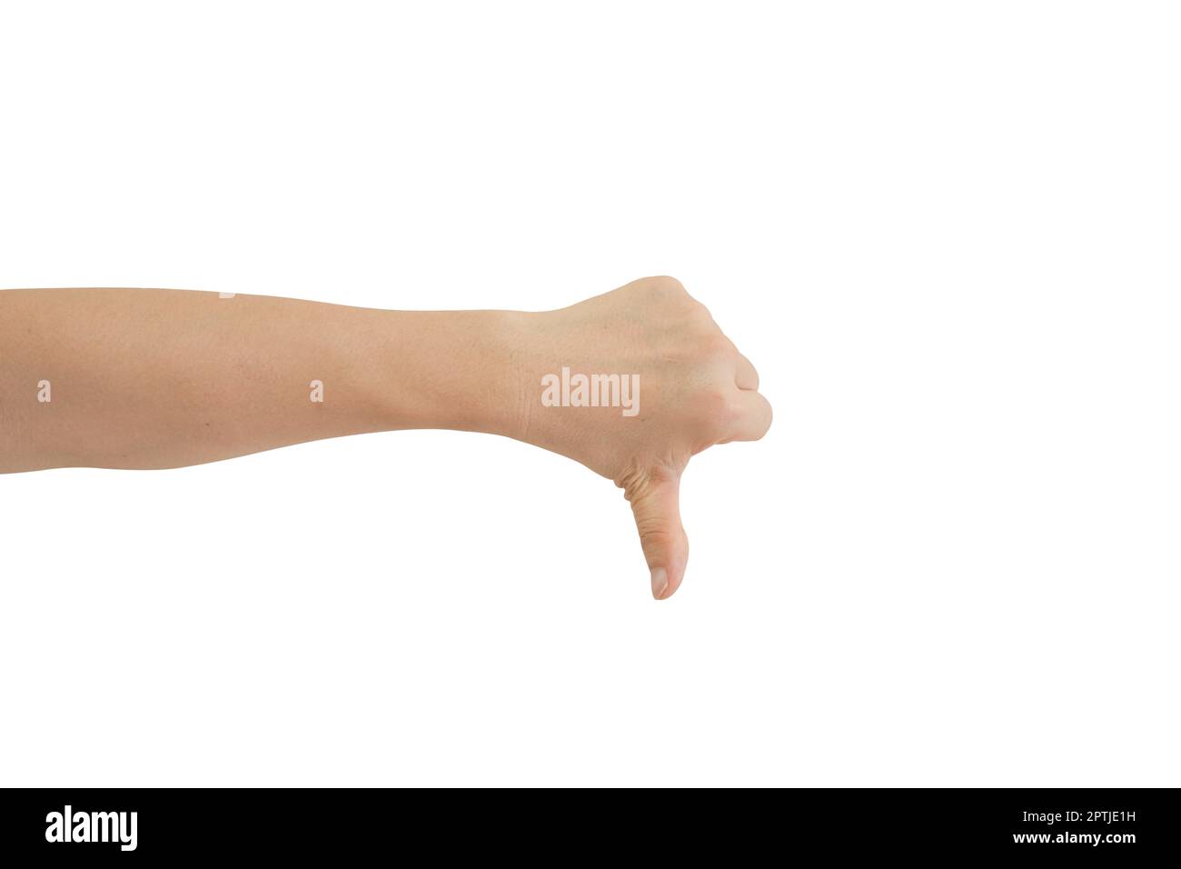Hand zeigt Daumen nach unten, anders als bei isoliertem weißen Hintergrund einschließlich Beschneidungspfad. Nicht mögen, im Gegensatz, scheitern, widersprechen Konzept. Stockfoto