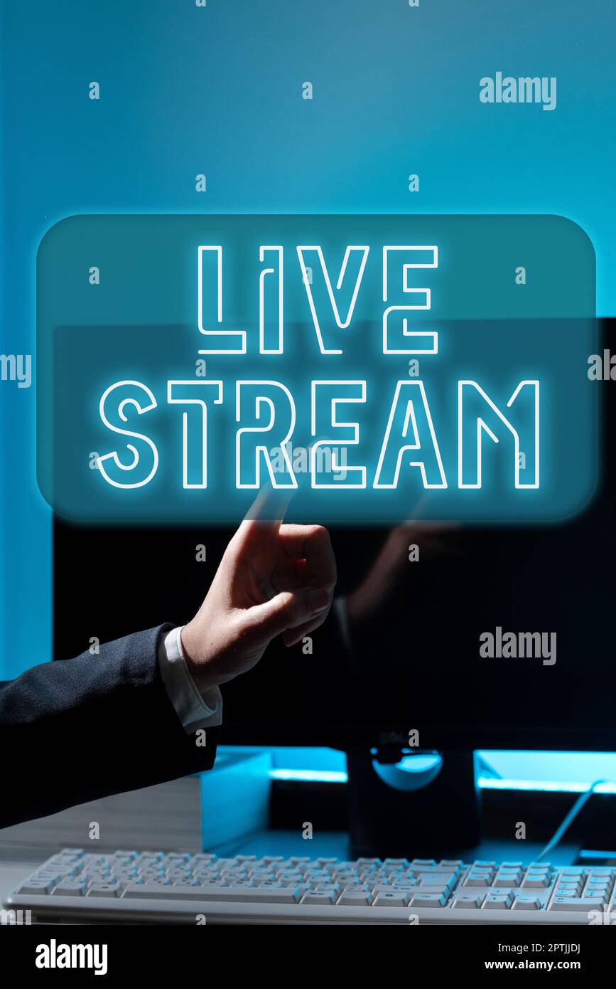 Konzeptionelle Darstellung Live-Stream, Internetkonzept zur Übertragung von Video- oder Audiomaterial unter Verwendung des Internets Stockfoto