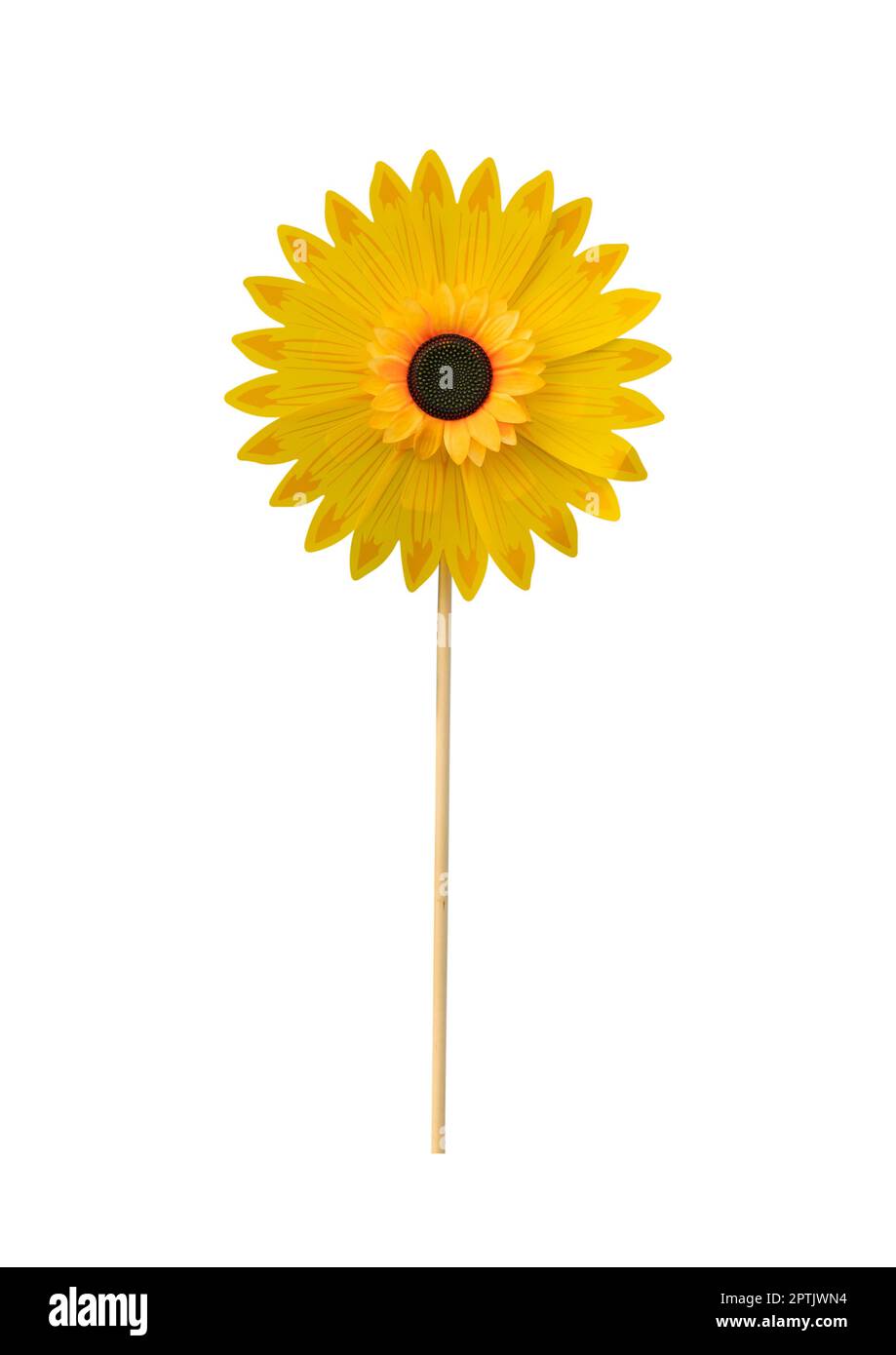 Windturbine Sonnenblume isoliert auf weißem Hintergrund enthalten Clipping Pfad. Windmühle Spielzeug. Stockfoto