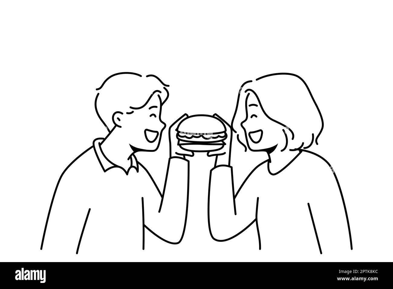 Lächelndes Paar, das zusammen leckere Hamburger isst. Glückliche Männer und Frauen genießen leckere Burger. Fast Food und Restaurantkette. Vektorgrafik. Stockfoto