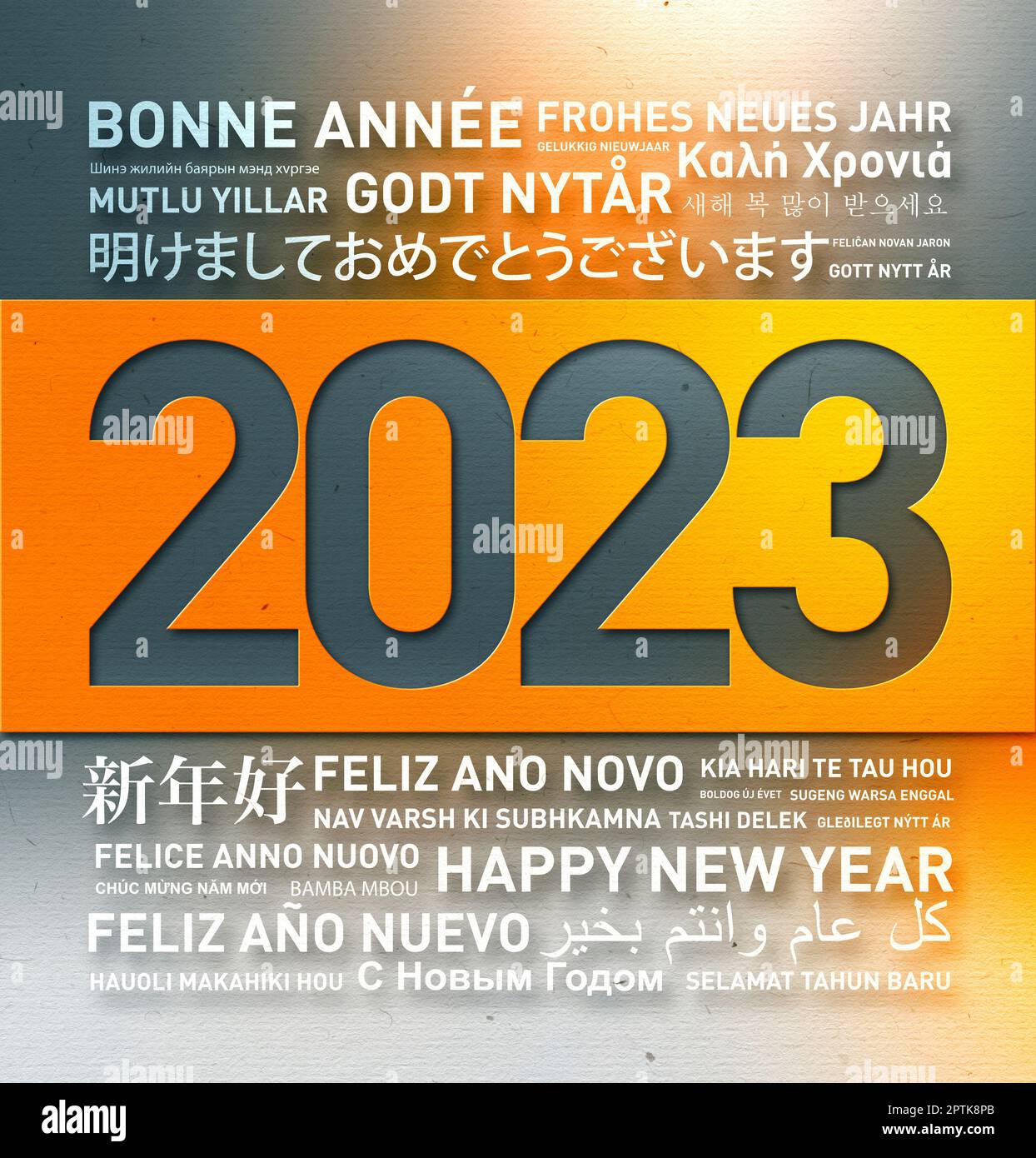 Frohes neues Jahr 2023 Grußkarte aus der Welt in verschiedenen Sprachen Stockfoto