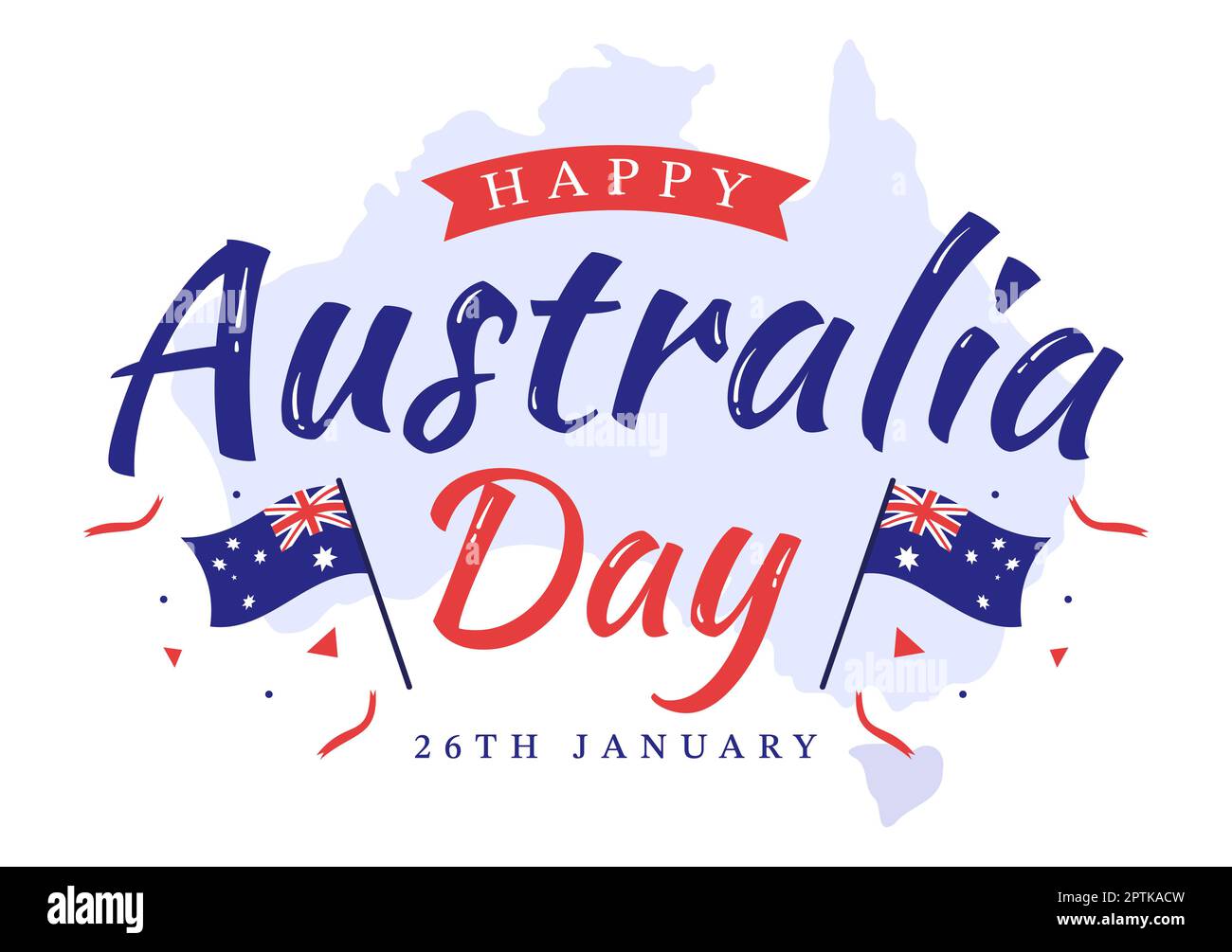 Happy Australia Day findet jedes Jahr am 26.. Januar statt, mit Flaggen und einer Karte zur Vielseitigkeit der Menschen in flachem Cartoon, handgezeichnete Vorlage Stockfoto