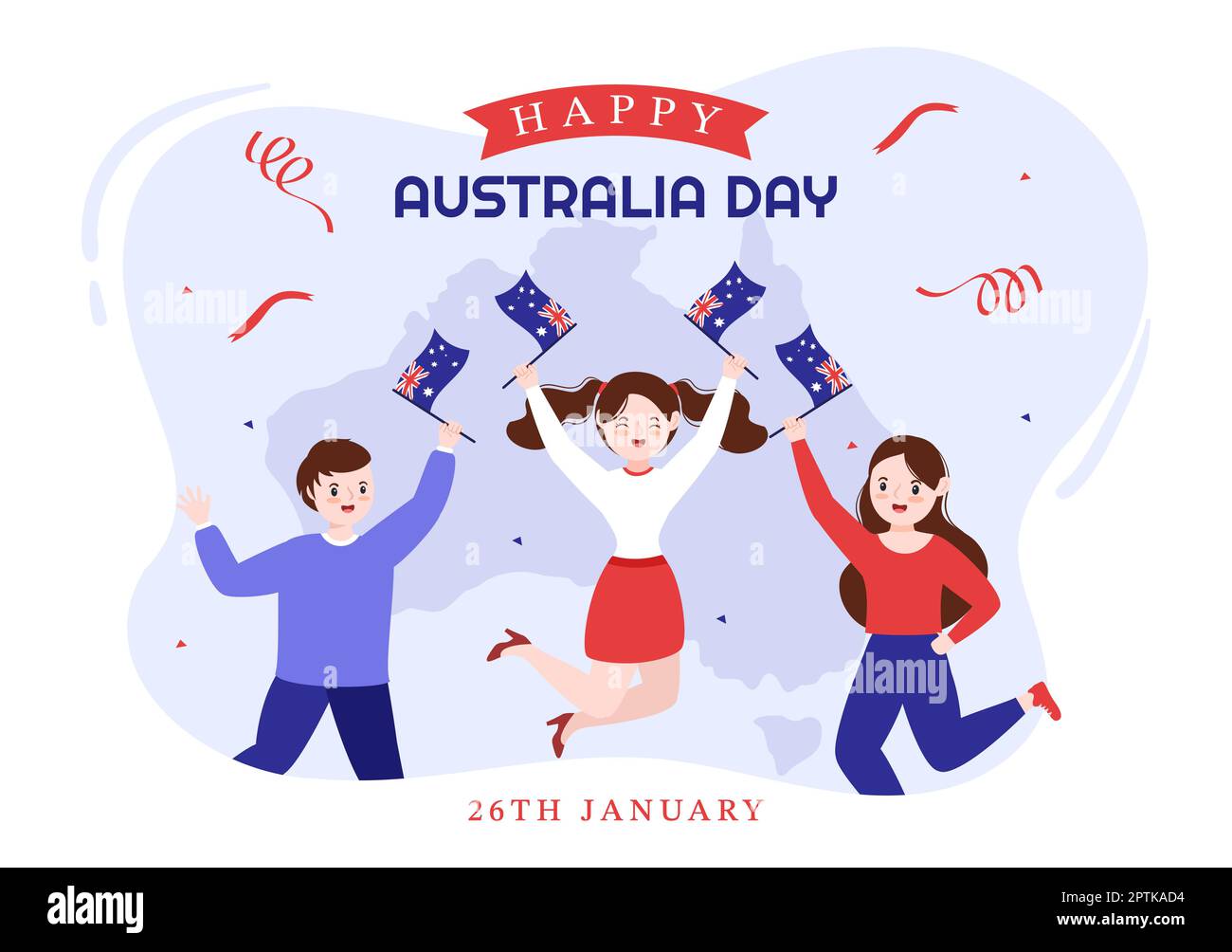 Happy Australia Day findet jedes Jahr am 26.. Januar statt, mit Flaggen und einer Karte zur Vielseitigkeit der Menschen in flachem Cartoon, handgezeichnete Vorlage Stockfoto