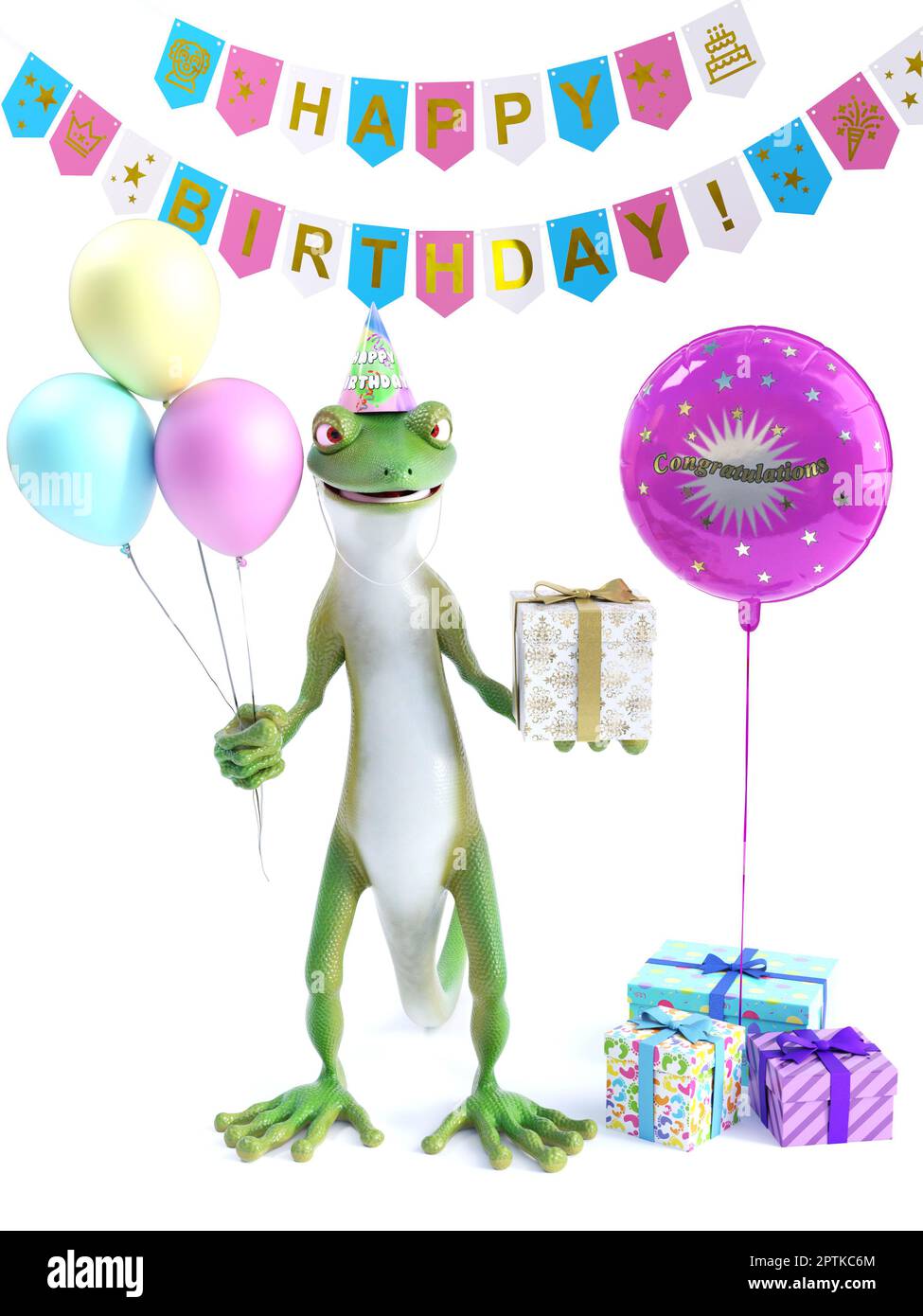 3D Darstellung eines kühlen grünen Geckos oder einer Eidechse mit drei Ballons in der einen Hand und einem eingewickelten Geschenk in der anderen, um eine Geburtstagsfeier zu feiern. Stockfoto