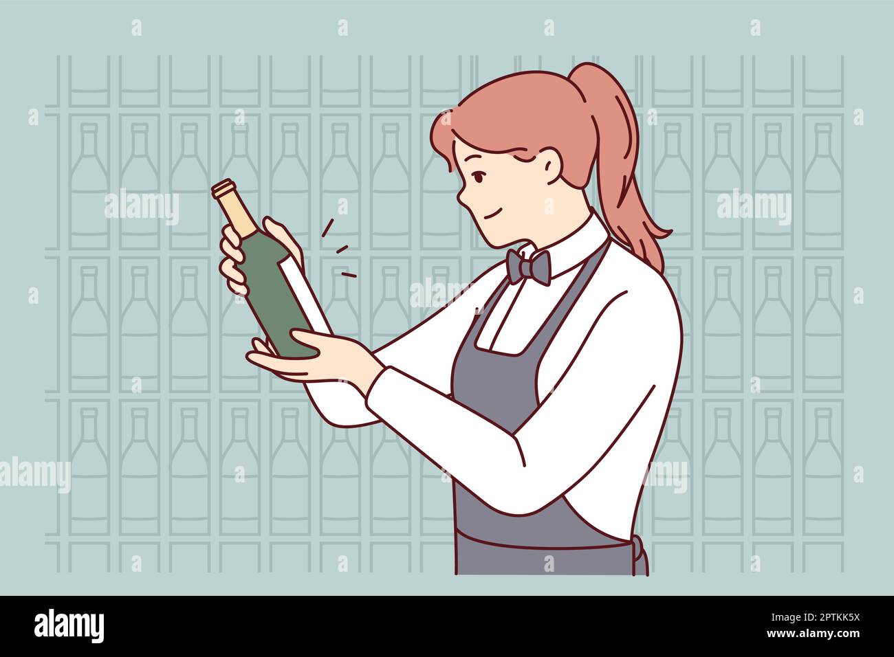 Lächelnde Kellnerin, die Wein im Keller aussucht Stock Vektor