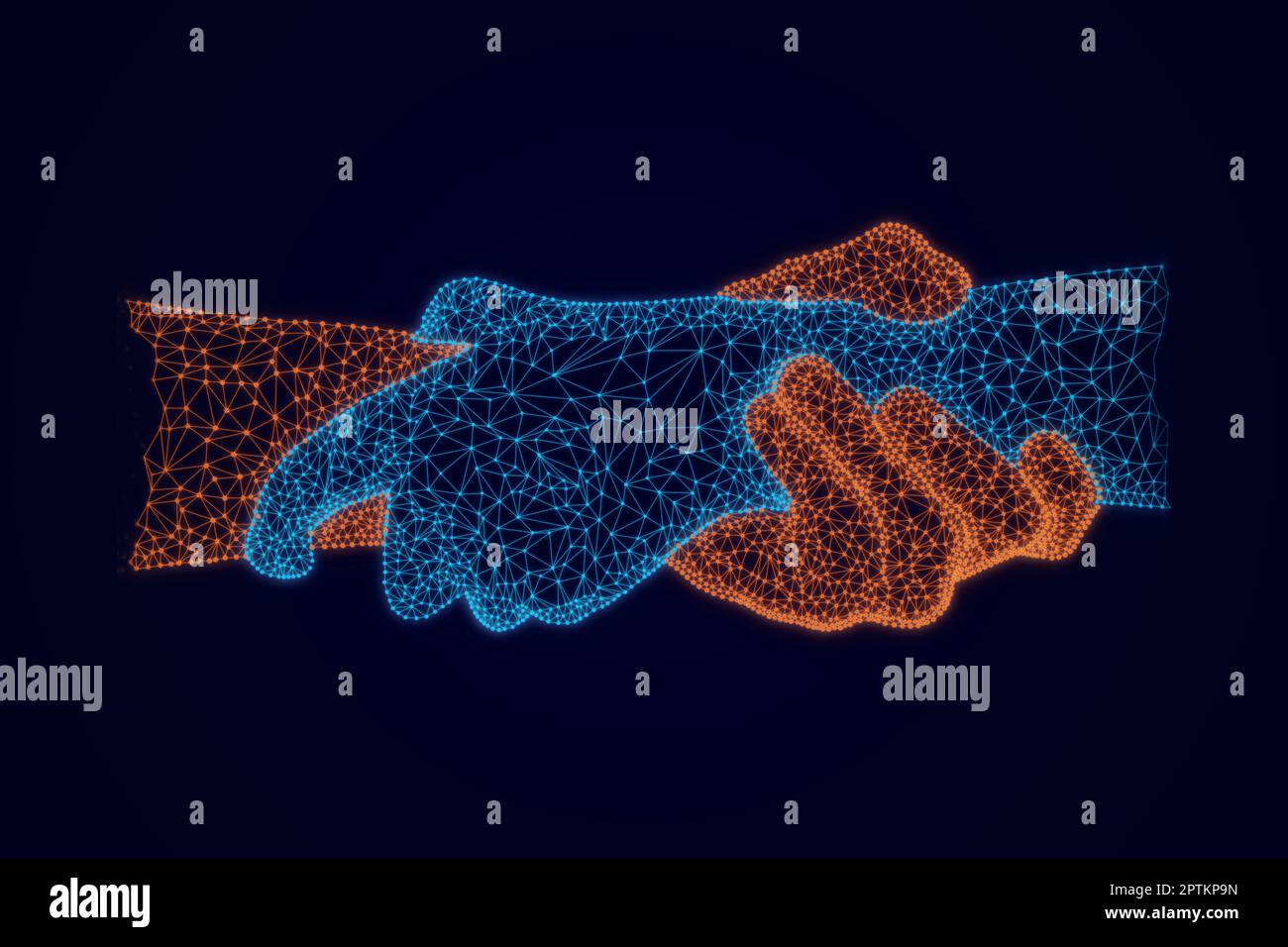 Niedriger Poly-of-Business-Handshake mit Punkten und Linien, Effekt Partikel Drahtrahmen leuchten auf dunklem Hintergrund. Partnerschaft und Vertrauen in Unternehmen Stockfoto