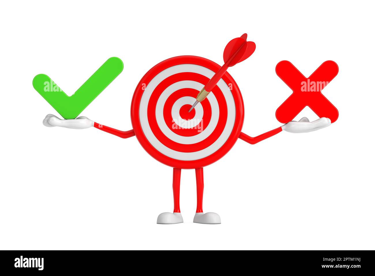 Bogenschießen-Ziel und Dart im Center Cartoon Person Figur Maskottchen mit rotem Kreuz und grünem Häkchen, Bestätigen oder Ablehnen, Ja- oder Nein-Symbol Zeichen auf weiß Stockfoto