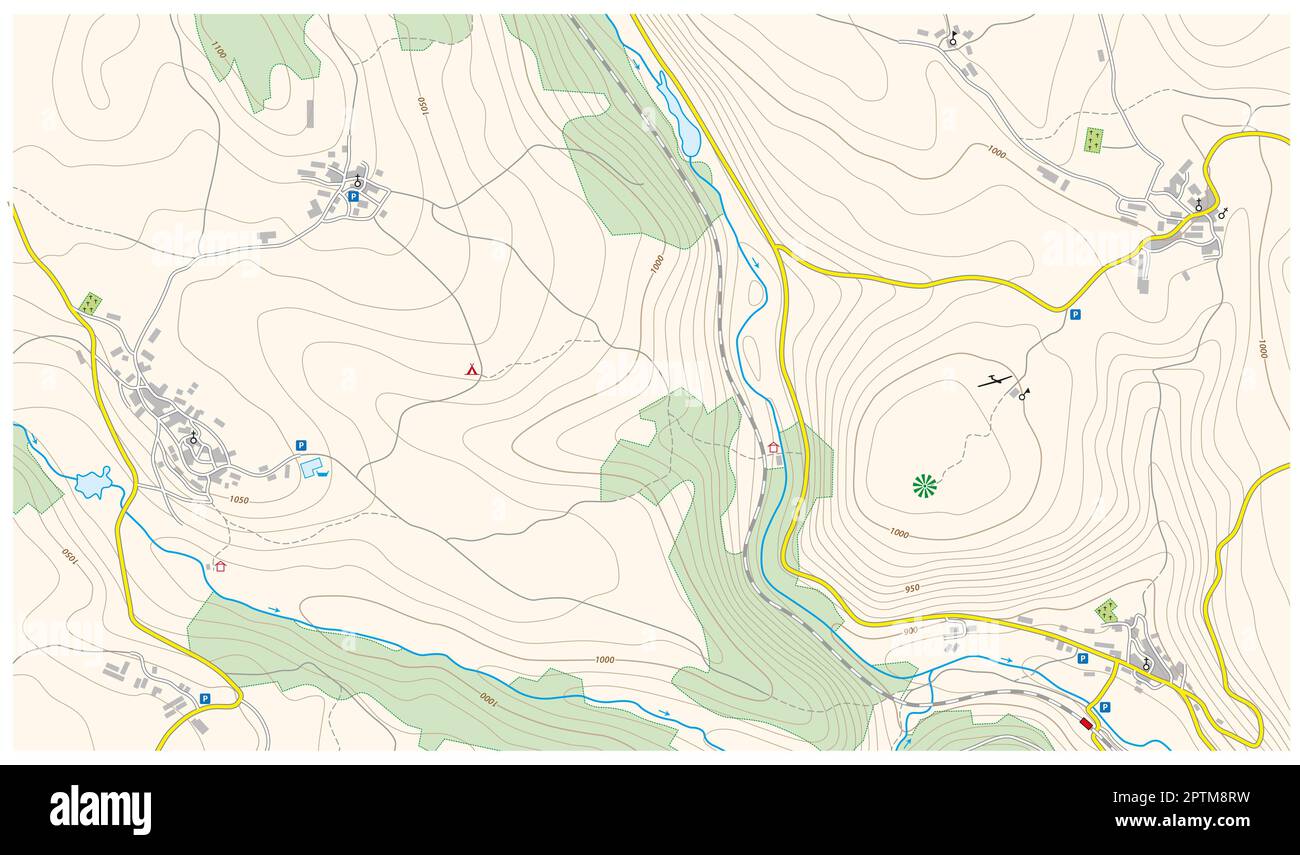Fiktive detaillierte topographische Vektorkarte mit Symbolen Stockfoto
