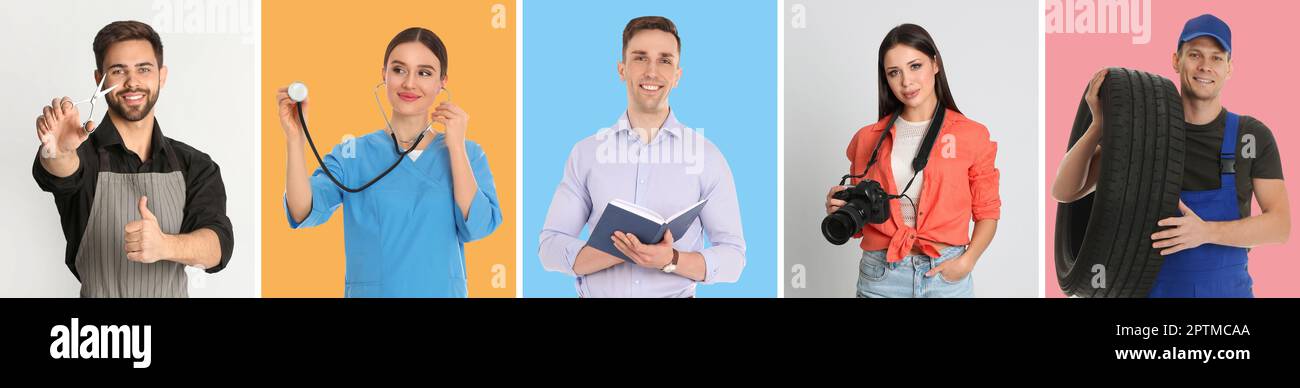 Collage mit Fotos von Menschen verschiedener Berufe auf farbigem Hintergrund. Bannerdesign Stockfoto