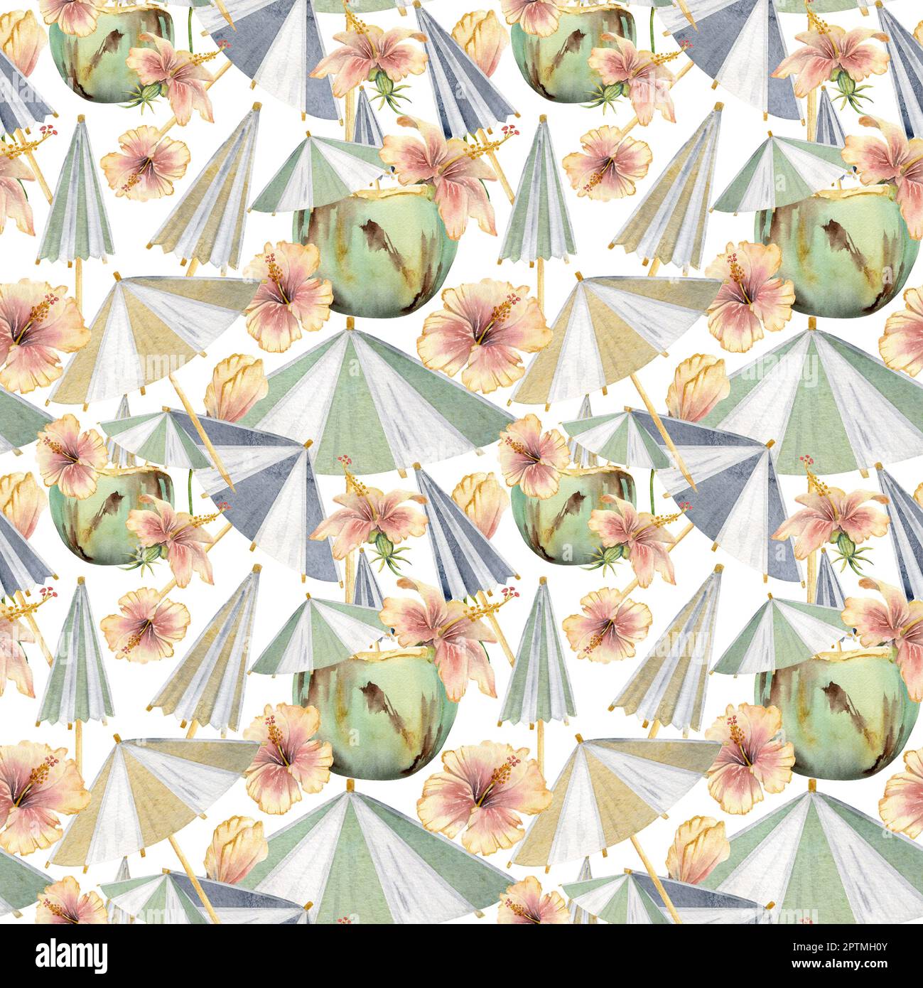 Handgezeichneter, wässriger Kokosnuss-Cocktail mit Papierschirm und Hibiskus. Nahtloses Muster. Isoliert auf weißem Hintergrund. Wandbild, Hochzeit, Druck Stockfoto