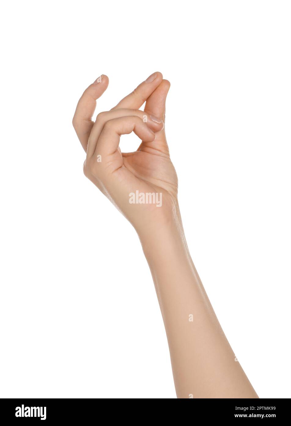 Eine Frau schnippte mit den Fingern auf weißem Hintergrund, eine Nahaufnahme der Hand Stockfoto