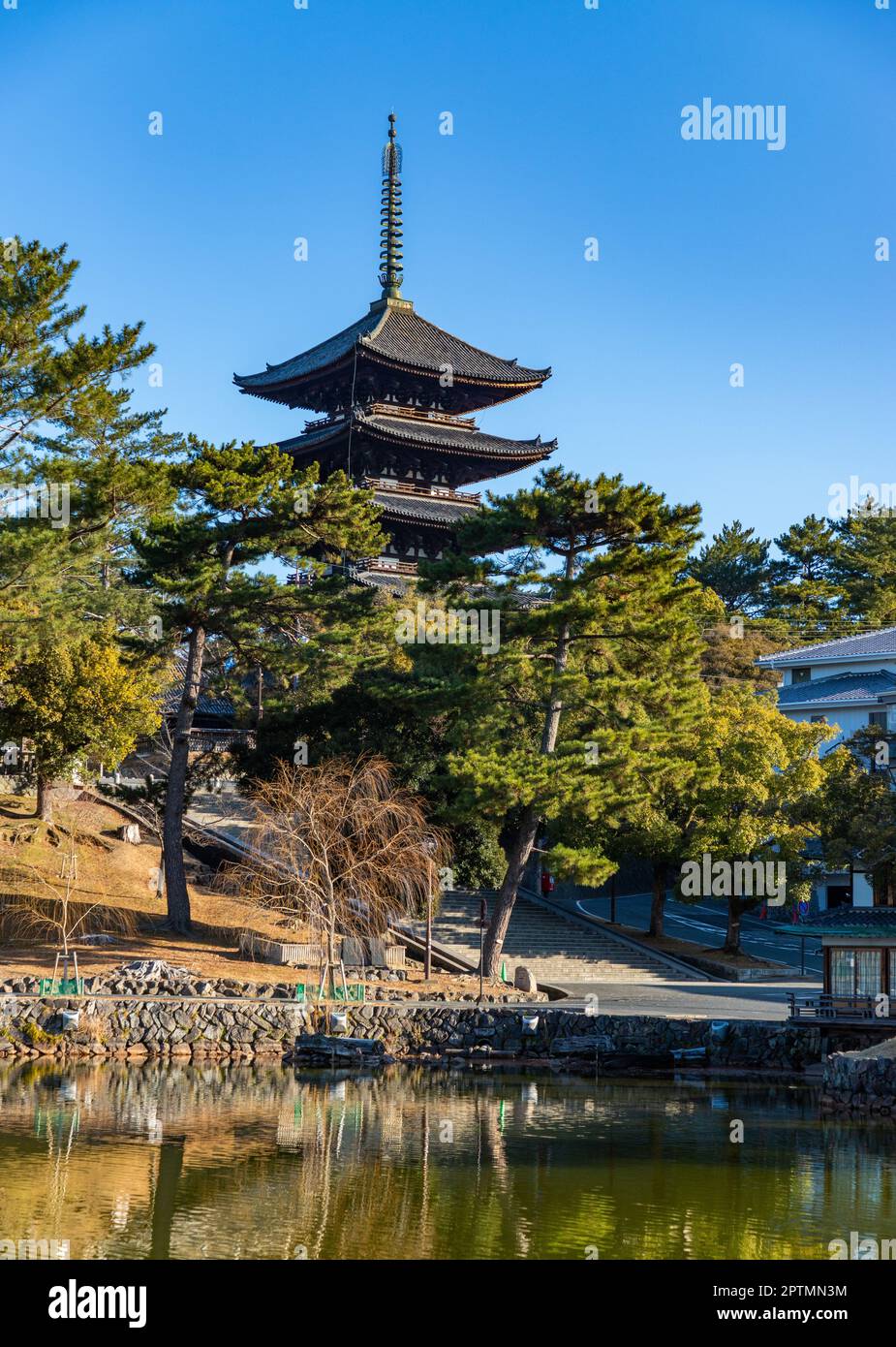 Ein Bild der Pagode des Kofuku-JI-Tempels vom Sarusawanoike-Teich (Nara). Stockfoto