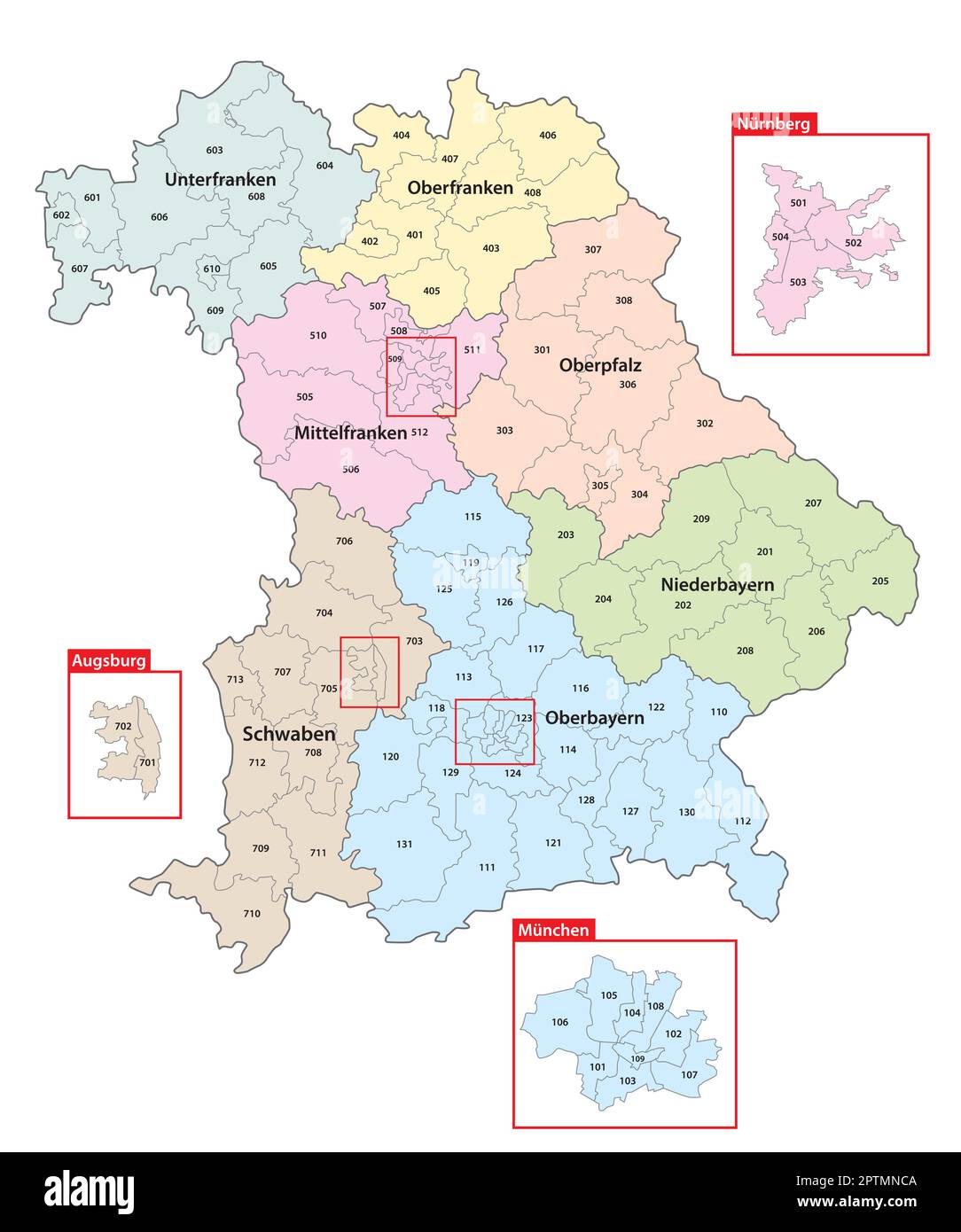 Karte der Wahlkreise für die Landeswahlen 2023, bayern Stock Vektor