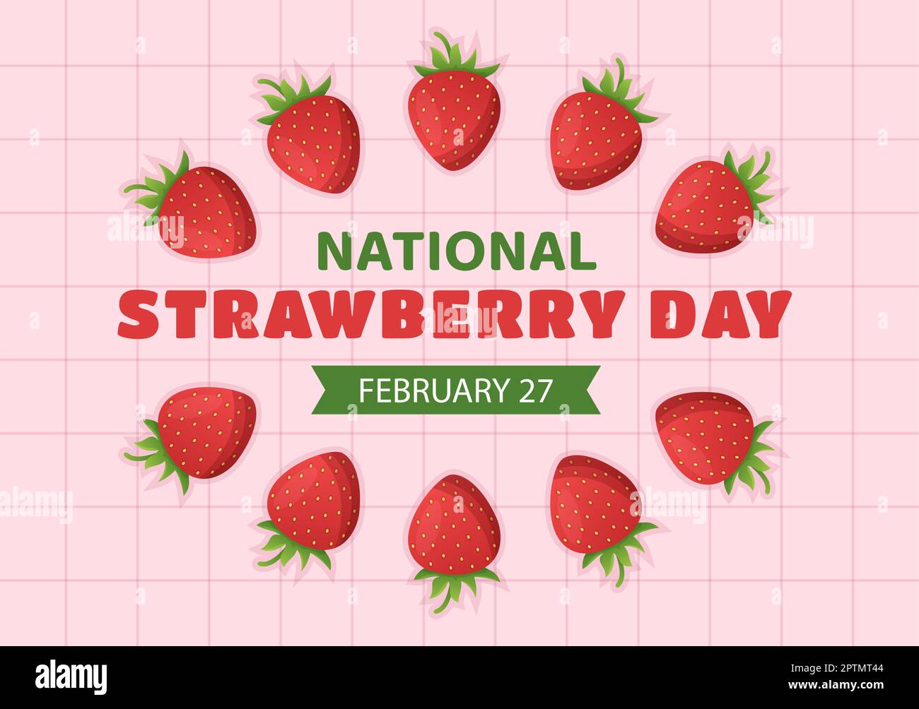 National Strawberry Day am 27. Februar zur Feier der Illustration „Sweet Little Red Fruit in Flat Cartoon Hand Drawn Templates“ Stockfoto