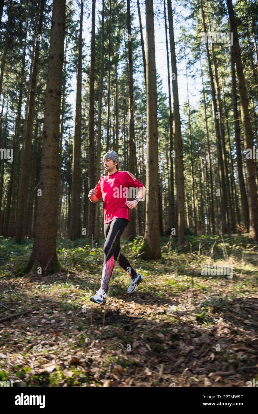 Ein Mann joggt auf einem Fitnesspfad in der Natur Stockfoto