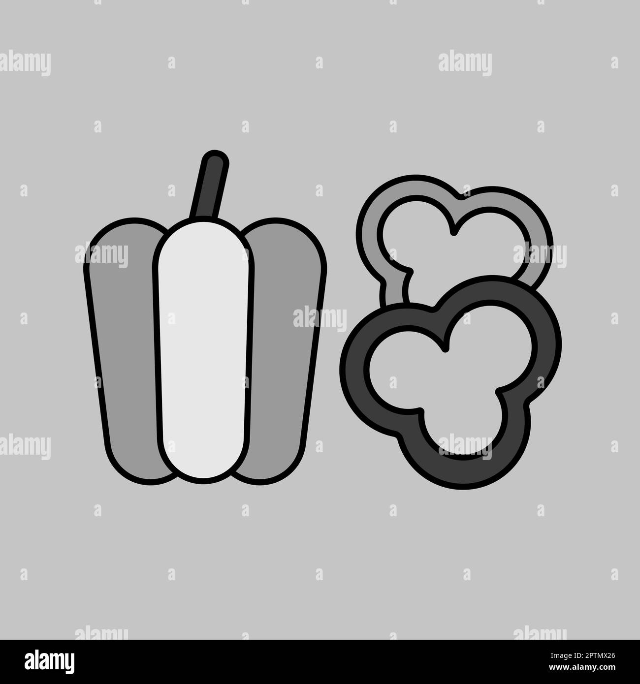 Symbol für frische Paprika in Scheiben geschnittene Vektoren in Graustufen. Barbecue- und bbq-Grill-Schild. Gemüse. Diagrammsymbol für Design von Kochwebsite und Apps, Logo, App, UI Stockfoto