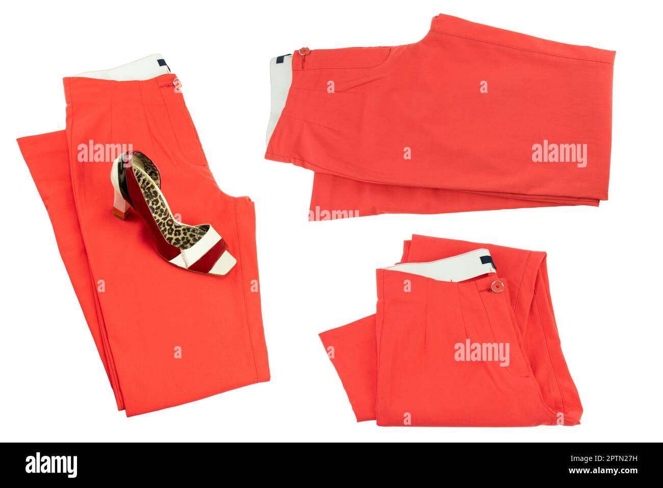 Collage-Frauenkleider. Set aus gefalteter, roter, eleganter Damenhose oder Denimhose mit einem eleganten, einteiligen weiblichen Schuh mit hohem Absatz. Rote Mode Stockfoto