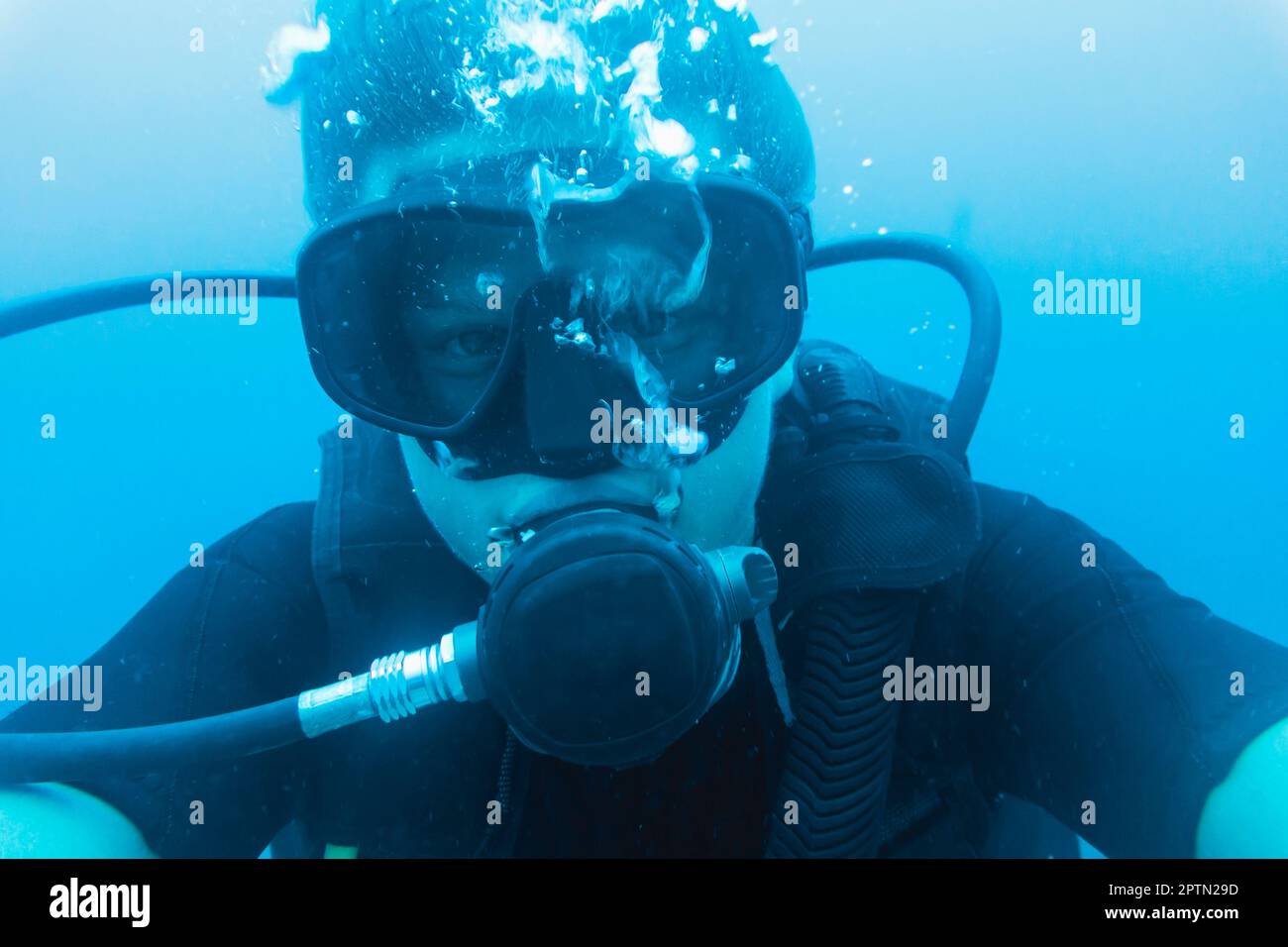 Porträt eines Tauchers unter Wasser, Lombok, Indonesien Stockfoto