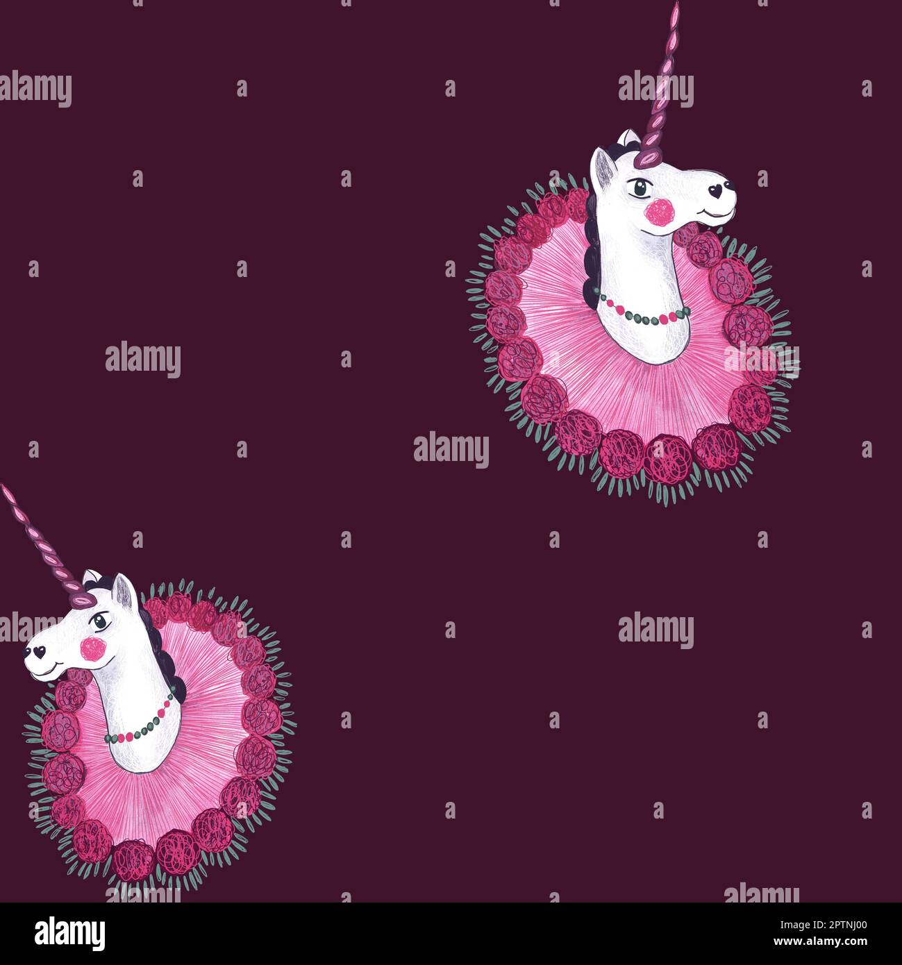 Süß, rosa, Prinzessin Einhorn. Aquarelldarstellung. Muster für Kindersachen, Bettwäsche, Tapete, Schreibwaren, Postkarten, Kleidung, Stoffe. Stockfoto