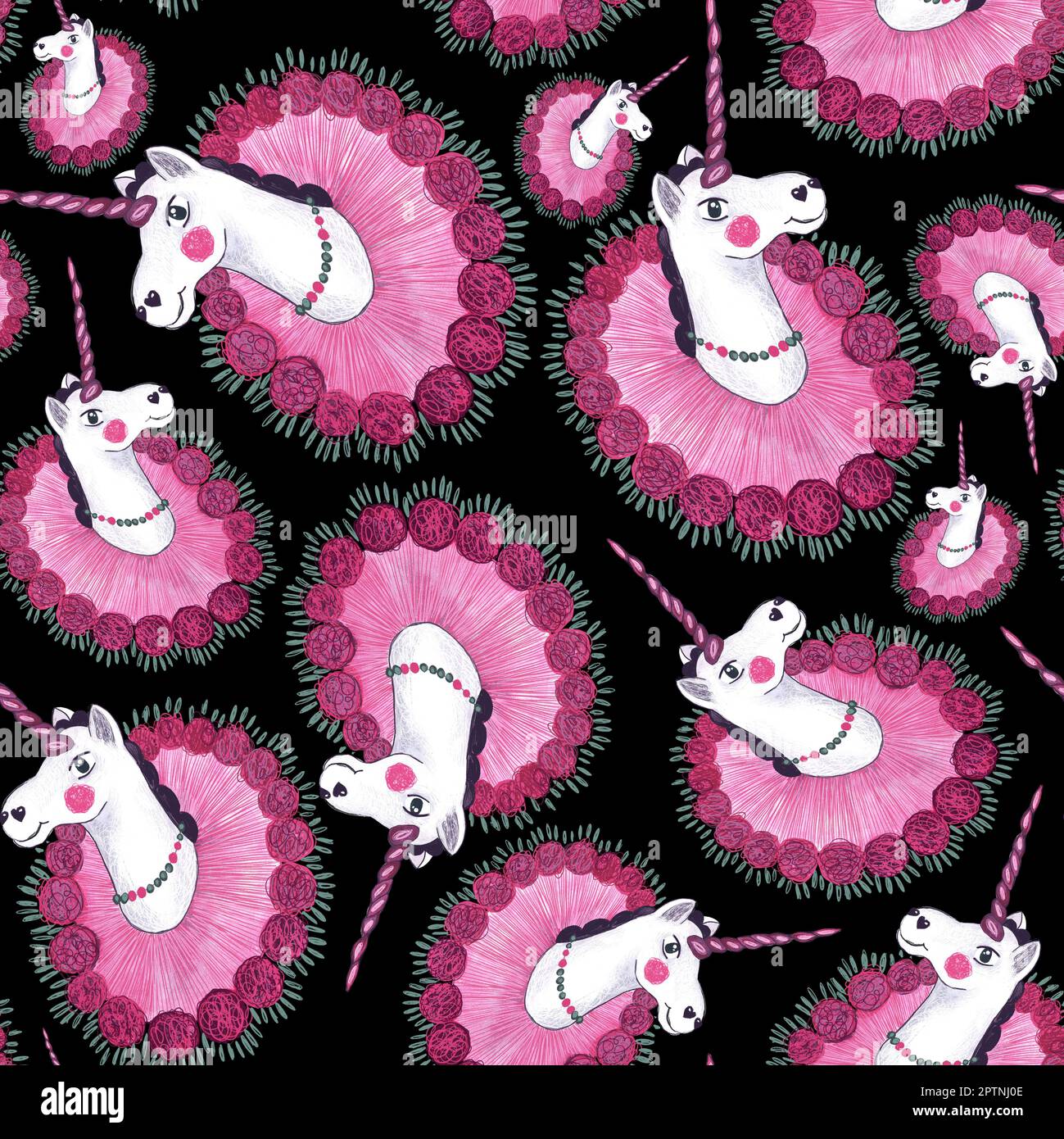 Süß, rosa, Prinzessin Einhorn. Aquarelldarstellung. Muster für Kindersachen, Bettwäsche, Tapete, Schreibwaren, Postkarten, Kleidung, Stoffe. Stockfoto