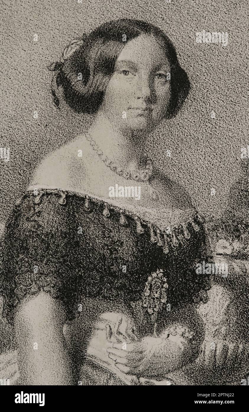 Isabella II aus Spanien (1830-1904). Königin von Spanien ab 1833 Uhr 1868. Porträt. Zeichnung von J. Vallejo. Lithographie von J. Donón. Detail. "Reyes Contemporáneos". Band I. Veröffentlicht in Madrid, 1855. Stockfoto