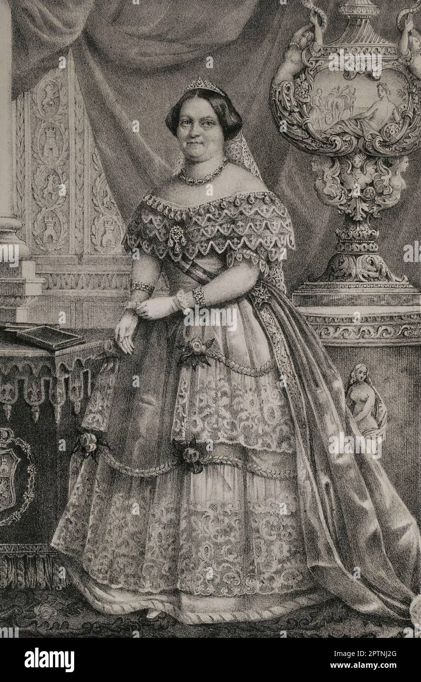 María Cristina de Borbón der beiden Sizilien (1806-1878). Königin Gemahlin Spaniens zwischen 1829 und 1833 durch ihre Ehe mit König Ferdinand VII, dessen vierte und letzte Frau sie war. Regentin des Königreichs von 1833 bis 1840. Porträt. Zeichnung von C. Legrand. Lithographie von J. Donón. "Reyes Contemporáneos". Band I. Veröffentlicht in Madrid, 1855. Stockfoto