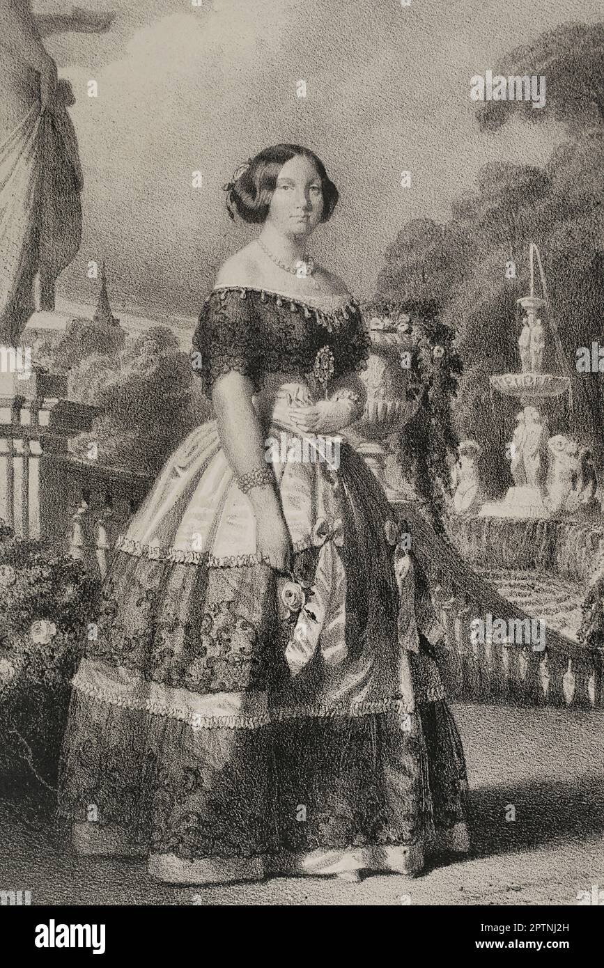 Isabella II aus Spanien (1830-1904). Königin von Spanien ab 1833 Uhr 1868. Porträt. Zeichnung von J. Vallejo. Lithographie von J. Donón. "Reyes Contemporáneos". Band I. Veröffentlicht in Madrid, 1855. Stockfoto