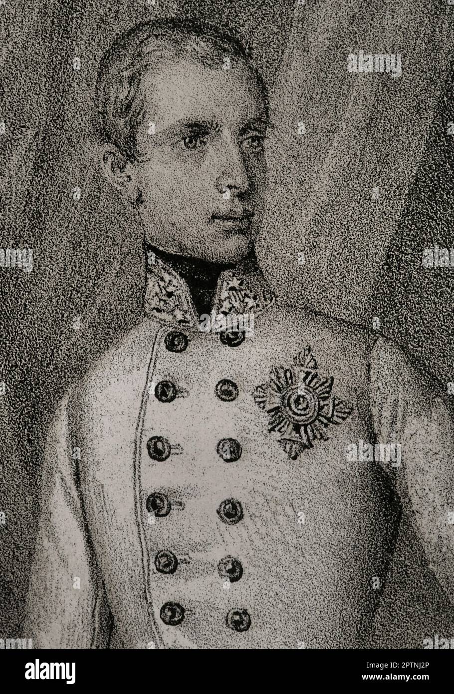 Das Porträt des jungen Ferdinand Maximilian Osterreichs (1832-1867), Erzherzog Osterreichs. Er verzichtete auf seinen Titel, Kaiser von Mexiko zu werden (1864-1867) als Maximilian I. Zeichnung von C. Legrand. Lithographie von J. Donón. Detail. "Reyes Contemporáneos". Band I. Veröffentlicht in Madrid, 1855. Stockfoto