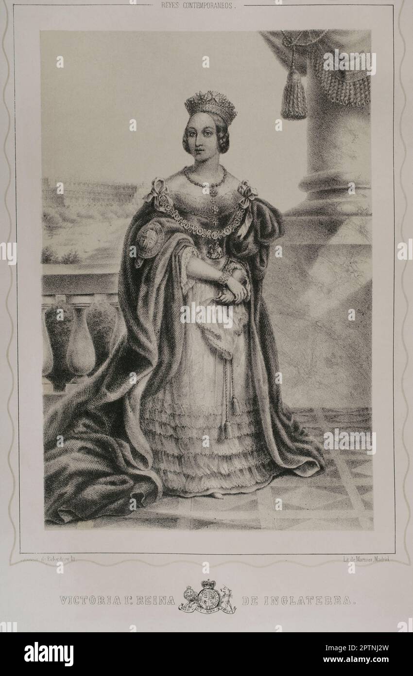 Queen Victoria (1819-1901). Königin des Vereinigten Königreichs Großbritannien und Irland (1837-1901). Kaiserin von Indien. Porträt. Lithographie von Martínez. "Reyes Contemporáneos". Band I. Veröffentlicht in Madrid, 1855. Stockfoto