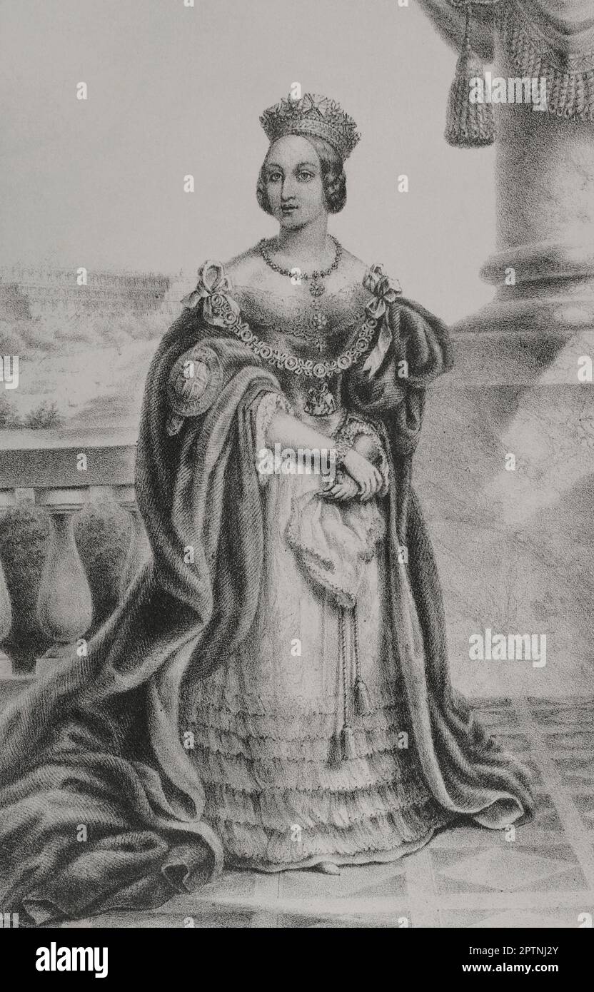 Queen Victoria (1819-1901). Königin des Vereinigten Königreichs Großbritannien und Irland (1837-1901). Kaiserin von Indien. Porträt. Lithographie von Martínez. "Reyes Contemporáneos". Band I. Veröffentlicht in Madrid, 1855. Stockfoto