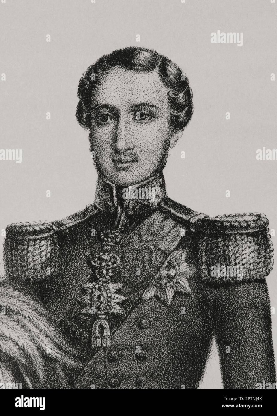 Albert, Ich Bin'S Prinz von Sachsen-Coburg-Gotha (1819-1861). Prinz Gemahlin von Königin Victoria von Großbritannien. Porträt. Lithographie. Detail. "Reyes Contemporáneos". Band I. Veröffentlicht in Madrid, 1855. Stockfoto