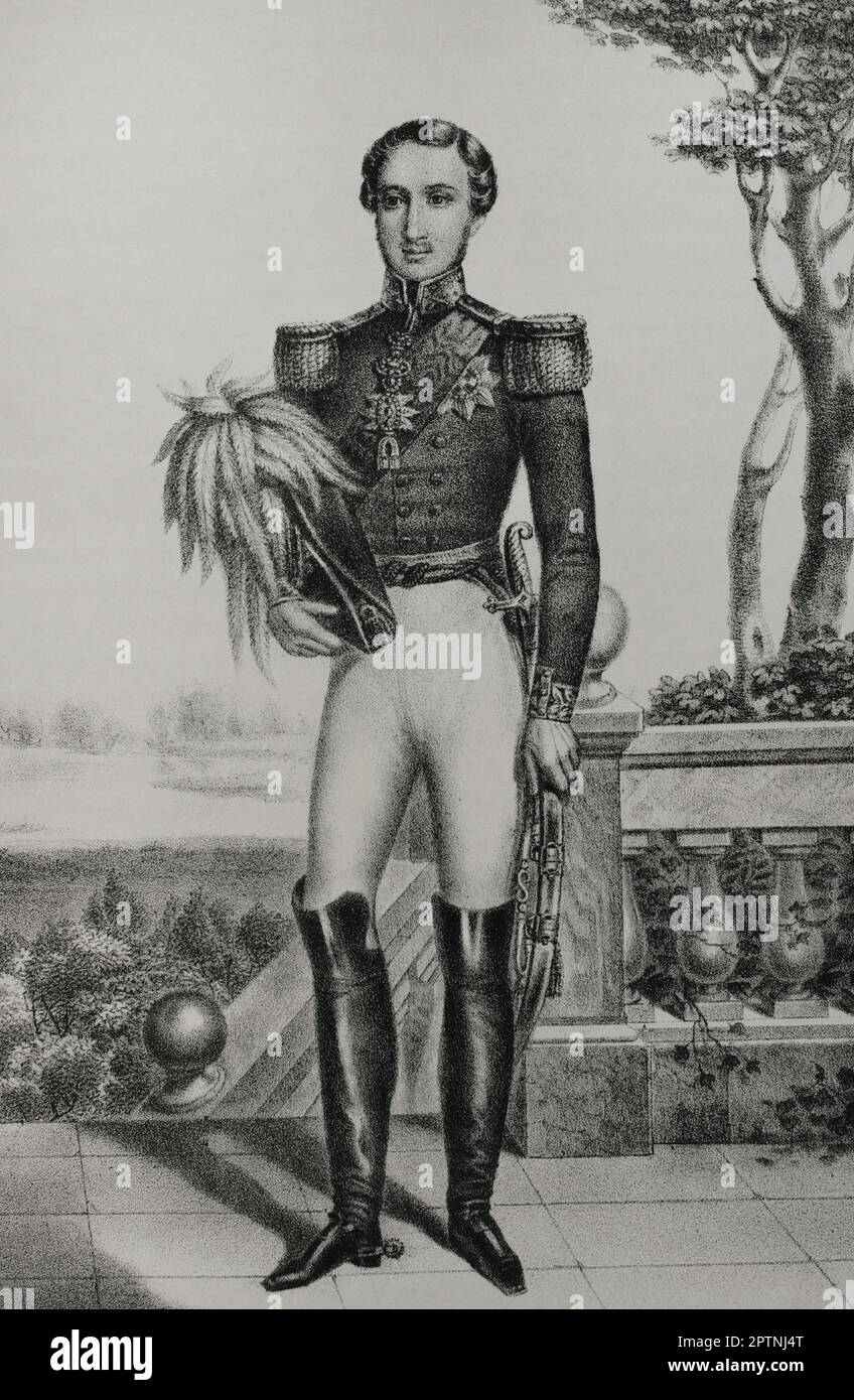 Albert, Ich Bin'S Prinz von Sachsen-Coburg-Gotha (1819-1861). Prinz Gemahlin von Königin Victoria von Großbritannien. Porträt. Lithographie. "Reyes Contemporáneos". Band I. Veröffentlicht in Madrid, 1855. Stockfoto