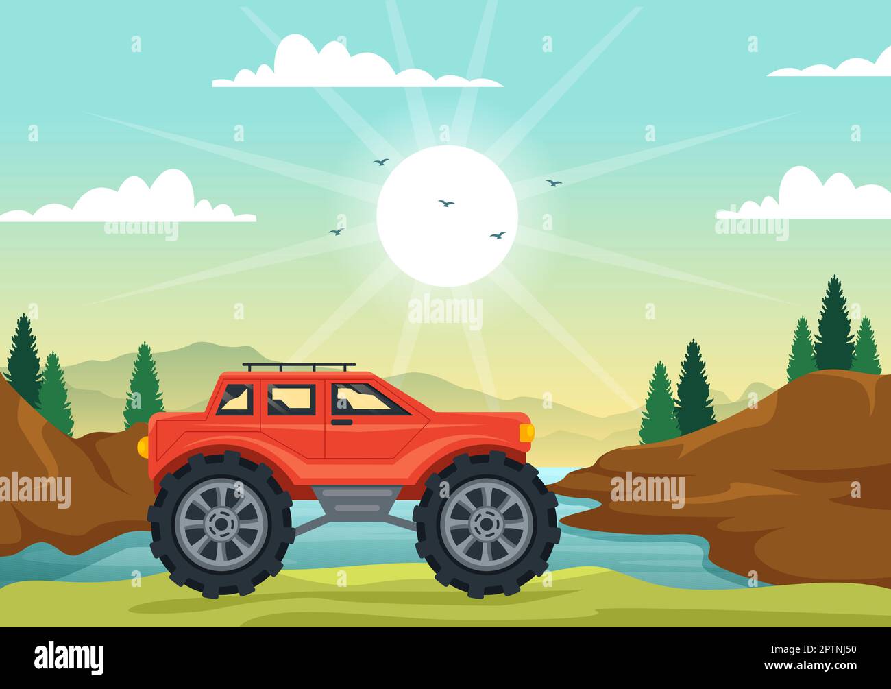 Off-Road-Illustration mit einem Jeep oder SUV, um in flachen, von Hand gezeichneten Cartoon-Vorlagen durch felsiges Gelände, Flüsse und Sand zu fahren Stock Vektor