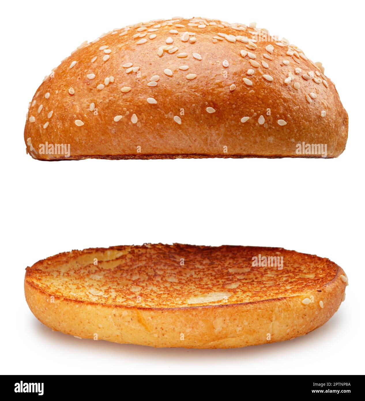 Zwei Teile Hamburger-Brötchen mit Sesamsamen auf weißem Hintergrund. Beschneidungspfad. Stockfoto