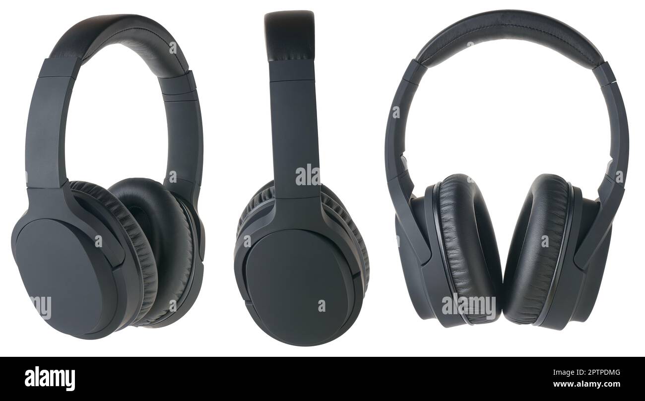 Schwarzer Kopfhörer, kabellose Over-Ear-Audiogeräte mit Noise Cancelling-Ohrpolstern oder isolierte Ohrpolster auf weißem Hintergrund Stockfoto