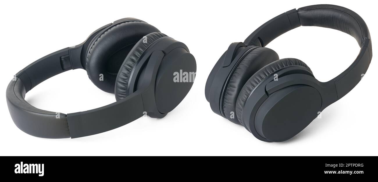 Schwarzer Kopfhörer, kabellose Over-Ear-Audiogeräte mit Noise Cancelling-Ohrpolstern oder isolierte Ohrpolster auf weißem Hintergrund Stockfoto
