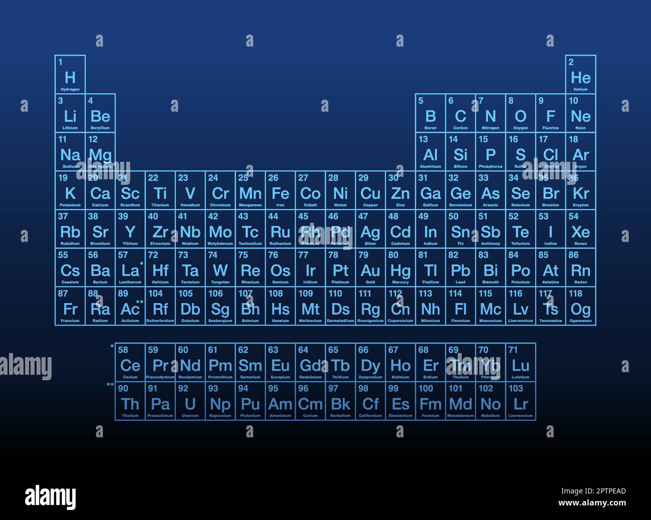 Periodensystem der chemischen Elemente auf dunkelblauem Hintergrund Stock Vektor