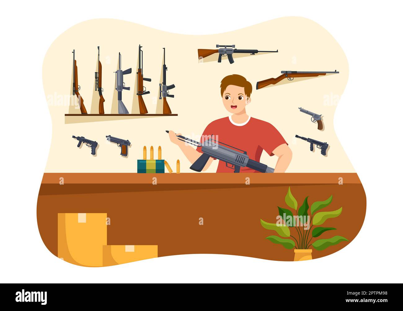 Waffengeschäft oder Jagd mit Gewehr, Kugel, Waffe und Jagdausrüstung in flacher Cartoon Handgezeichnete Vorlagen Illustration Stockfoto