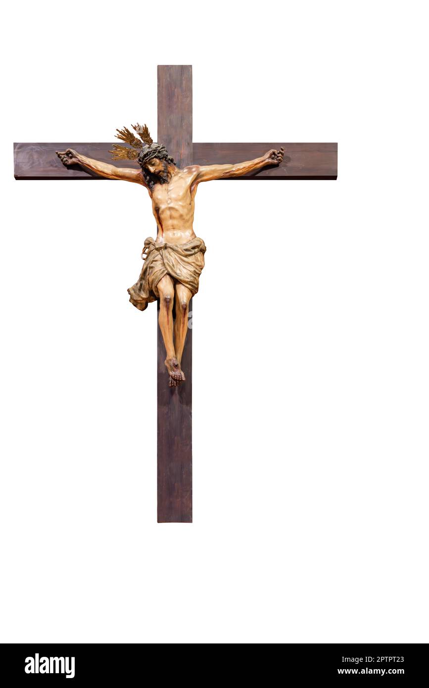 Jesus Christus am Kreuz isoliert auf weißem Hintergrund mit Platz für Text Stockfoto