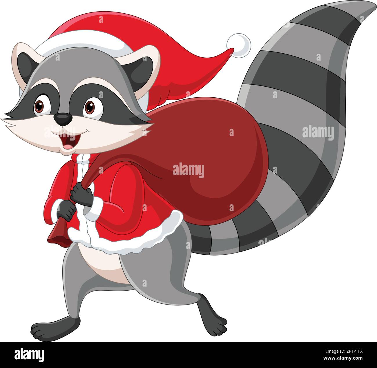 Cartoon-Waschbär im weihnachtsmann-Kostüm mit roter Tasche Stock Vektor