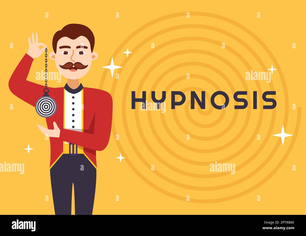 Hypnose mit Schwarz-Weiß-Spiralen, die einen veränderten Geisteszustand für Behandlungsdienste in einer flachen, handgezeichneten Schablone erzeugen Stockfoto
