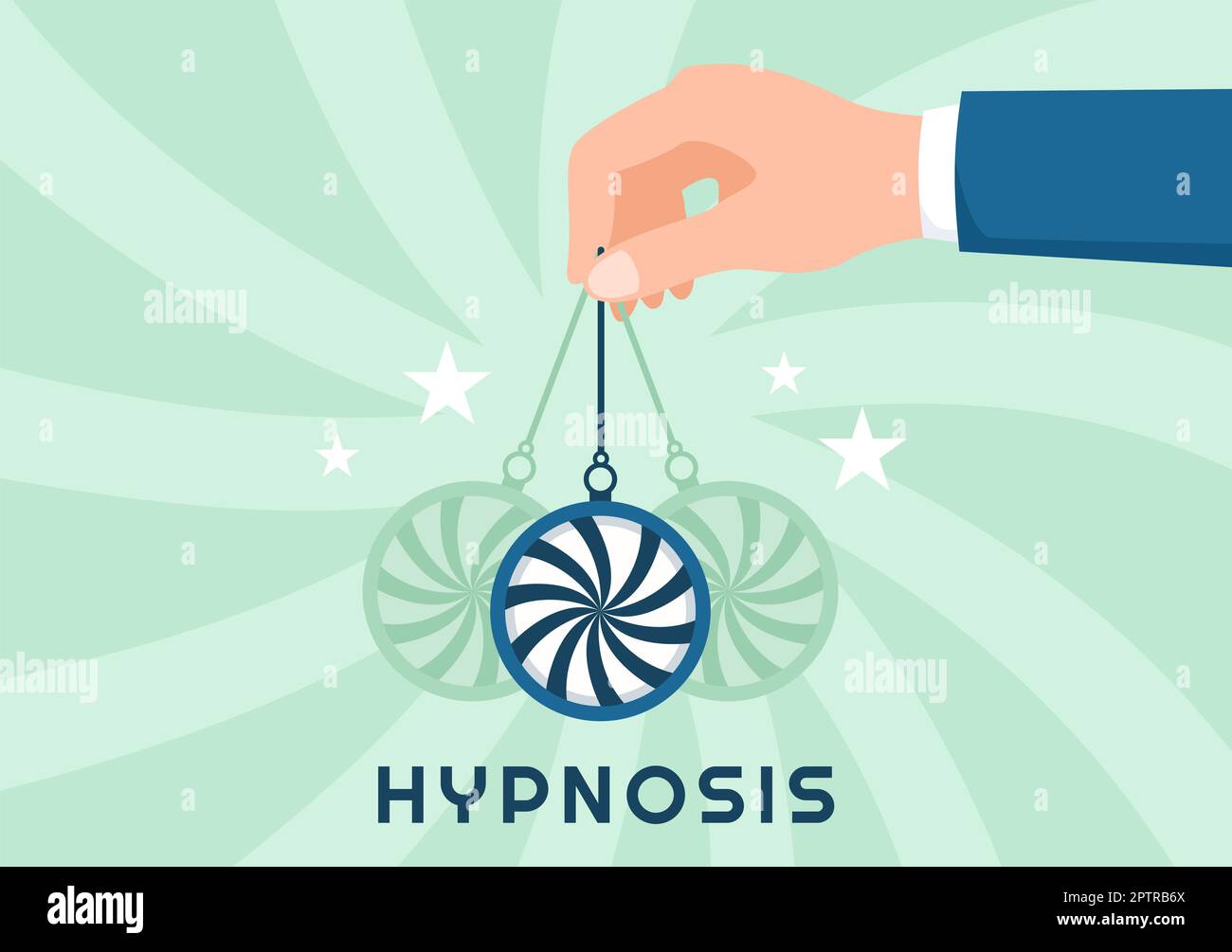 Hypnose mit Schwarz-Weiß-Spiralen, die einen veränderten Geisteszustand für Behandlungsdienste in einer flachen, handgezeichneten Schablone erzeugen Stockfoto