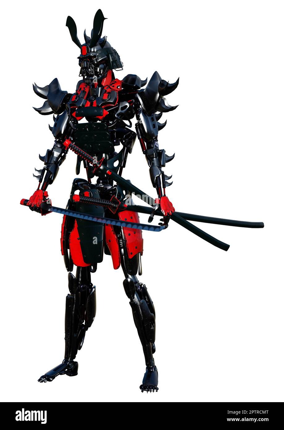 3D Darstellung eines männlichen Samurai-Roboters isoliert auf weißem Hintergrund Stockfoto