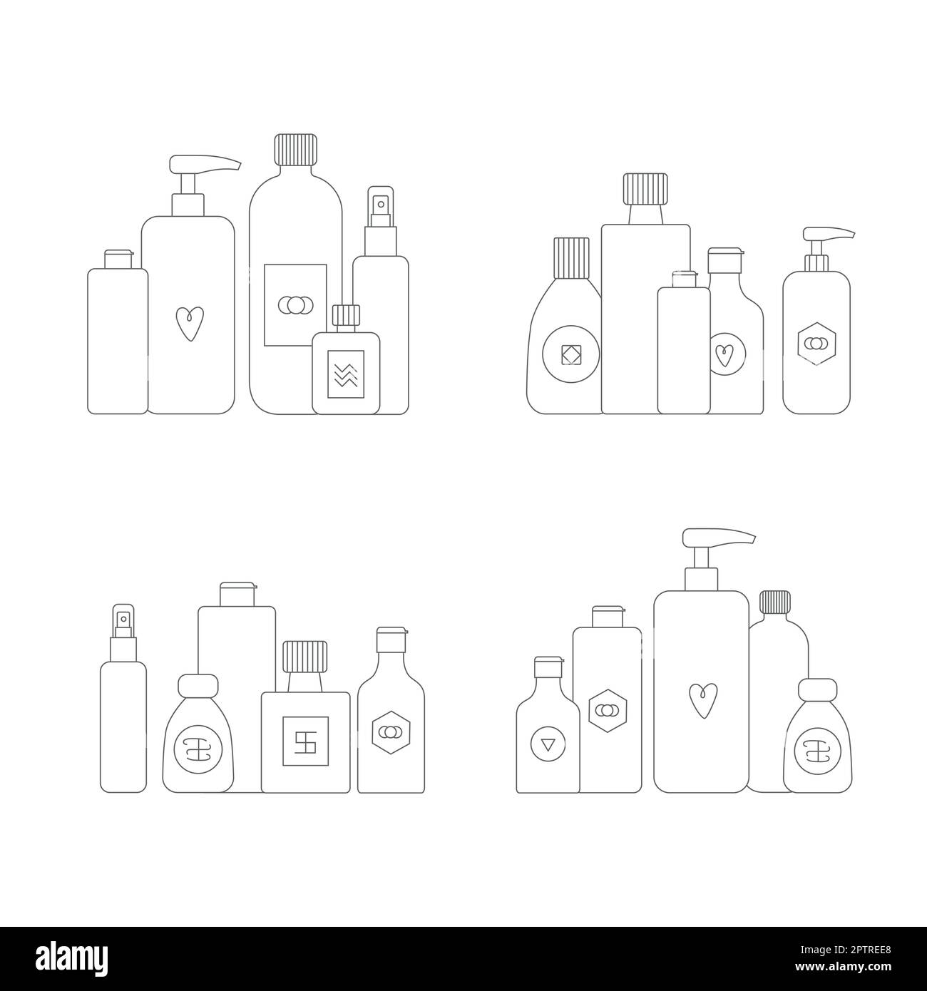 Cartoon-Kosmetikflaschen-Sets. Körpercreme Tube, Reiniger, Öl, Lotion Formen Vektorbilder für Web, Katalog. Stock Vektor