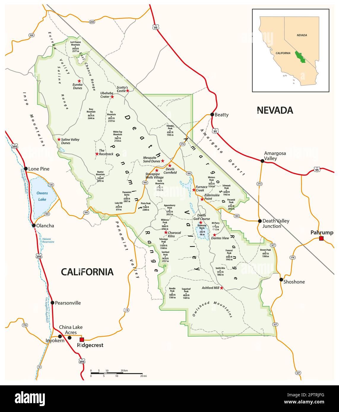 Detaillierte Karte des Death Valley National Park, Kalifornien, Nevada, USA Stockfoto
