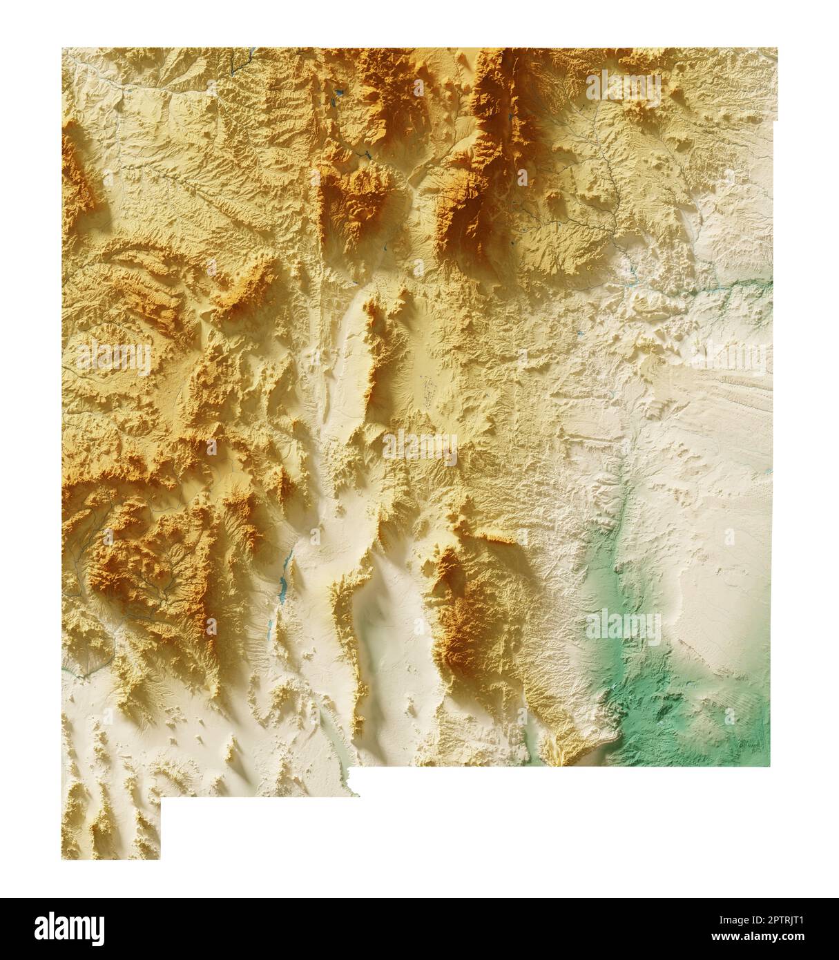 Der US-Staat New Mexico. Sehr detailliertes 3D-Rendering einer schattierten Reliefkarte mit Wasserkörpern. Farbig nach Höhe. Erstellt mit Satellitendaten. Stockfoto