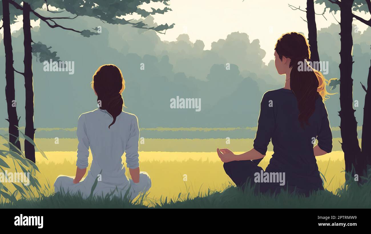 Zwei Frauen meditieren im Wald Illustration die heilende Kraft der Naturmalerei Stockfoto