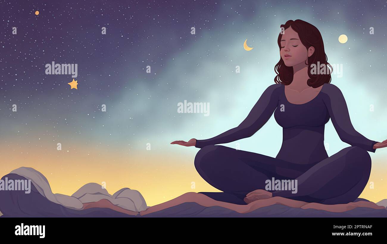 Frau meditiert unter Nachthimmel mit Stars Illustration. Entspannung und Yoga-Malerei Stockfoto