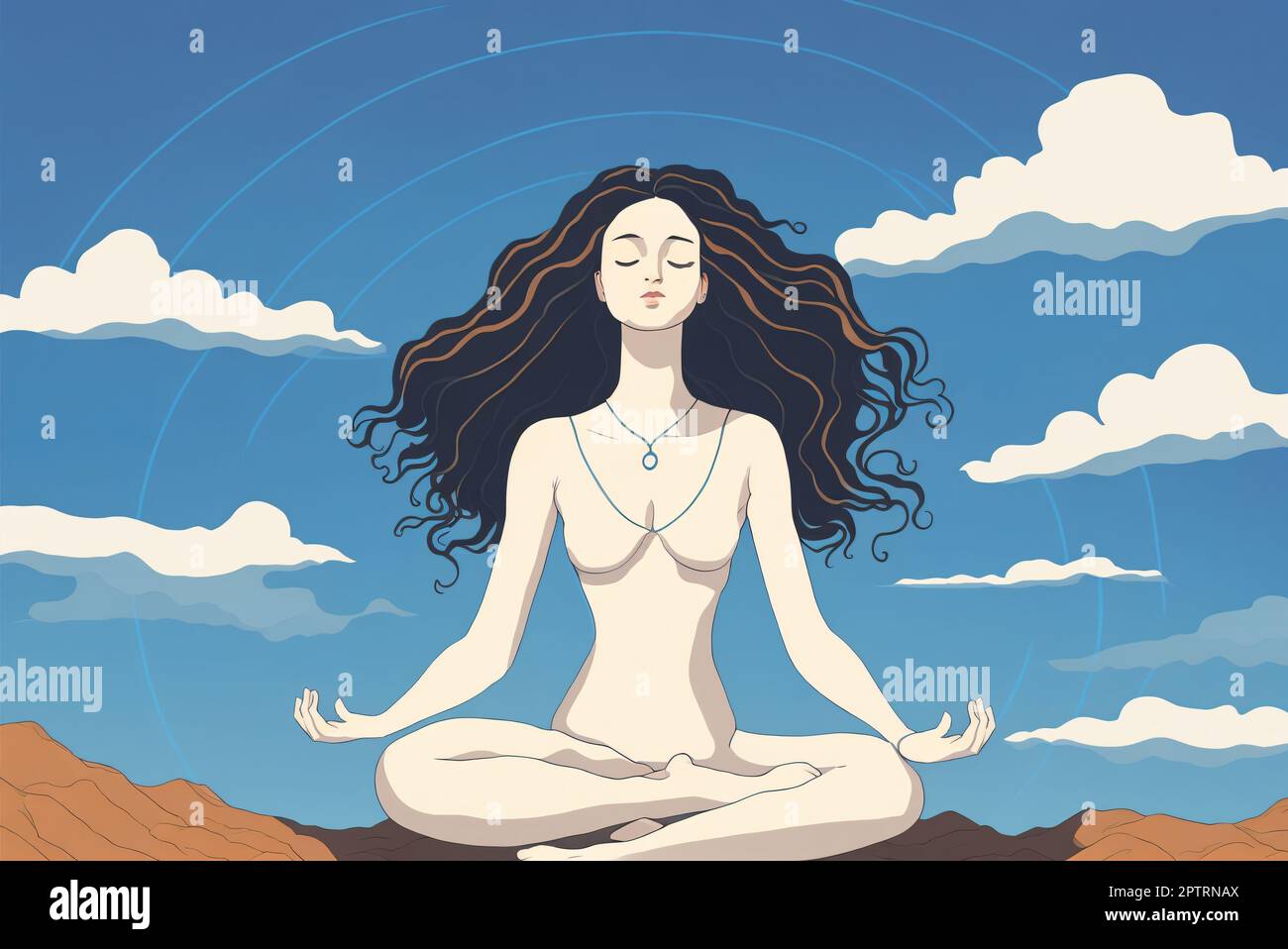 Frau meditiert unter der Blauen-Himmel-Illustration. Entspannung und Yoga-Malerei im Freien Stockfoto