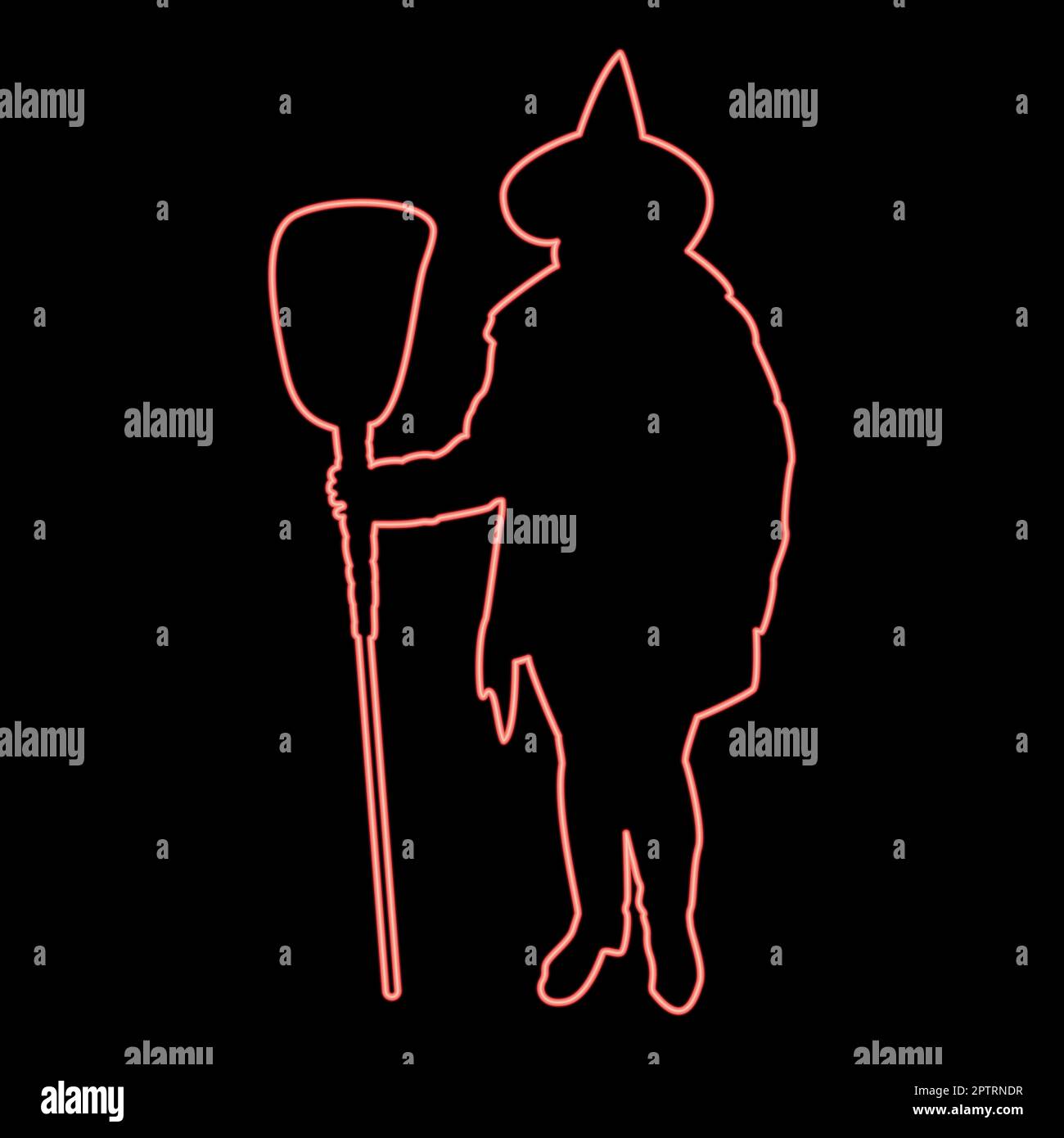 Neonfeen Zauberhexe steht mit Besen Motiv für Halloween Konzept rote Vektorzeichnung Bild flach Stock Vektor
